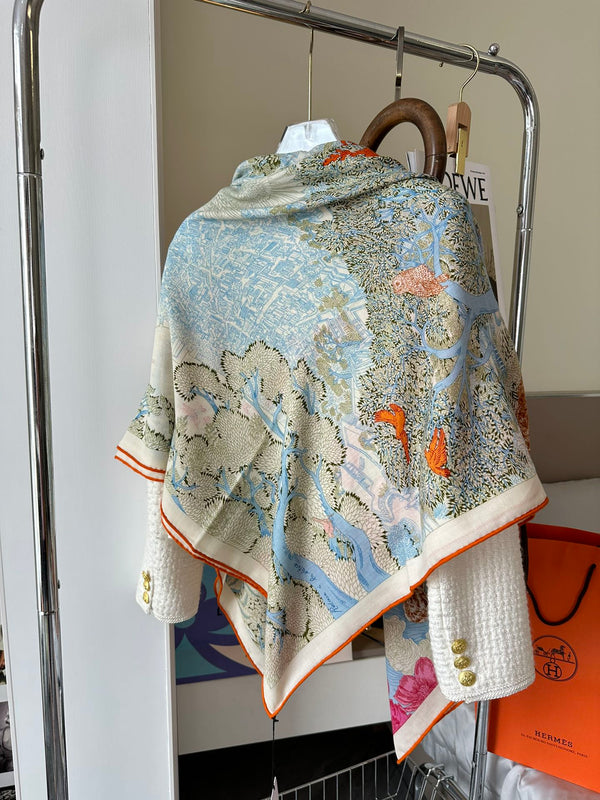 Retourala Nature Hermes Scarf 140 CM Green Gray Colorful Silk