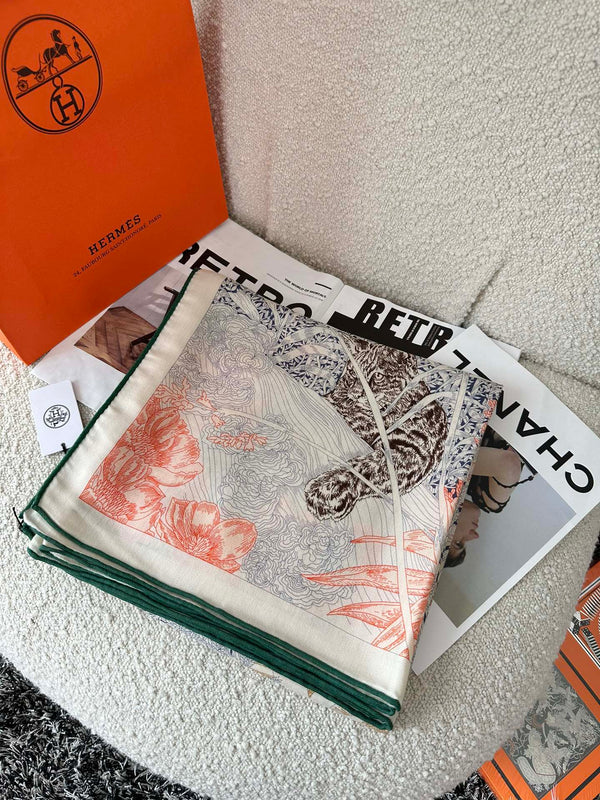 Retourala Nature Hermes Scarf 140 CM White Pink Colorful Silk