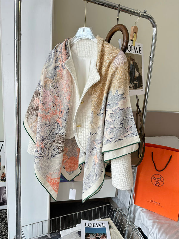 Retourala Nature Hermes Scarf 140 CM White Pink Colorful Silk