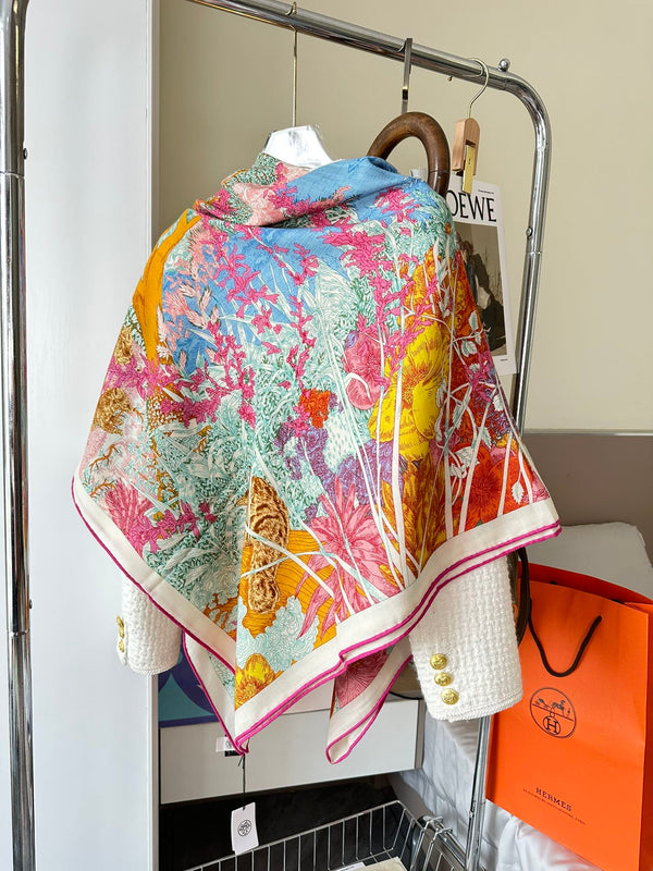 Retourala Nature Hermes Scarf 140 CM Turquoise Colorful Silk