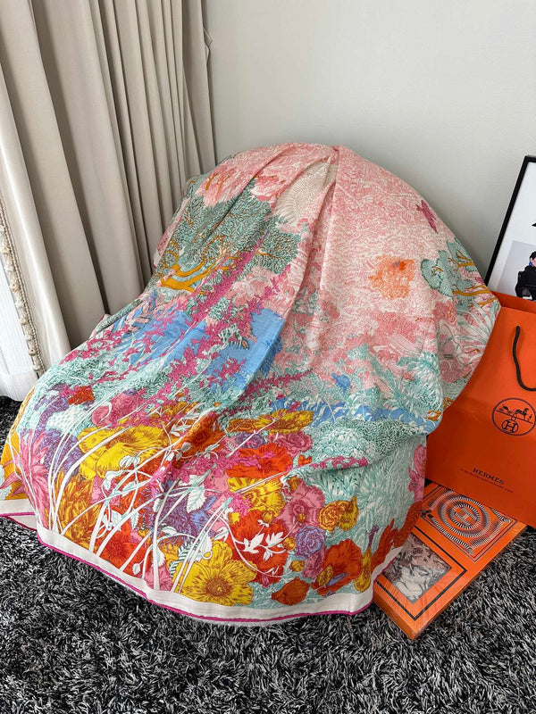 Retourala Nature Hermes Scarf 140 CM Turquoise Colorful Silk