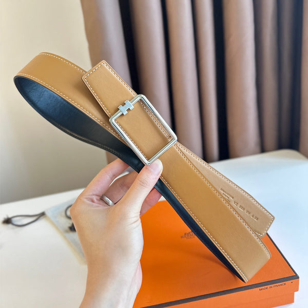 TUBE H BELT BUCKLE & REVERSIBLE PASTEL ORANGE AND BLACK LEATHER STRAP 38MM SILVER HARDWARE