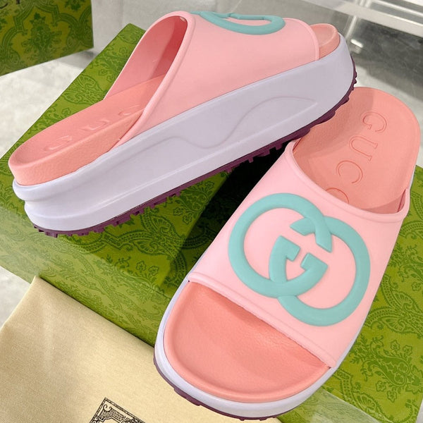 Sandalo GC 25 Interlocking G 50mm Slide Rosa Blu Pelle di vacchetta 292397