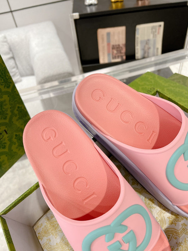 Sandalo GC 25 Interlocking G 50mm Slide Rosa Blu Pelle di vacchetta 292397