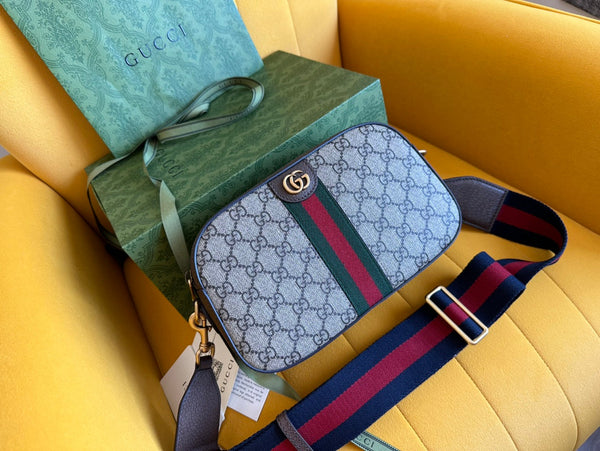 GG OPHIDIA SMALL 24 IN BEIGE CANVAS AND BROWN CALFSKIN