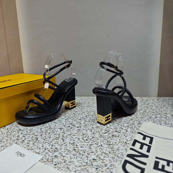 FENDI CHUNKY HIGH-HEELED SANDAL IN BLACK CALFKIN WITH GOLD HARDWARE
