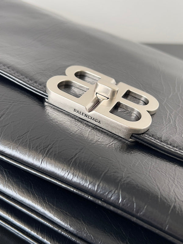 BB SOFT FLAP BAG 36 IN BLACK PEACH CALFSKIN SILVER HARDWARE