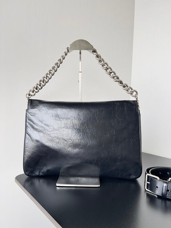 BB SOFT FLAP BAG 36 IN BLACK PEACH CALFSKIN SILVER HARDWARE