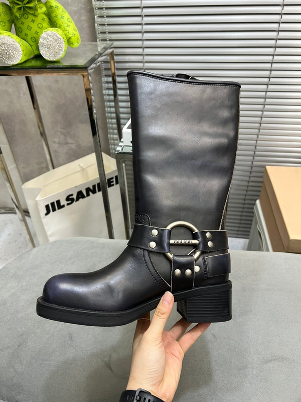Miu Classic Black Leather Boots