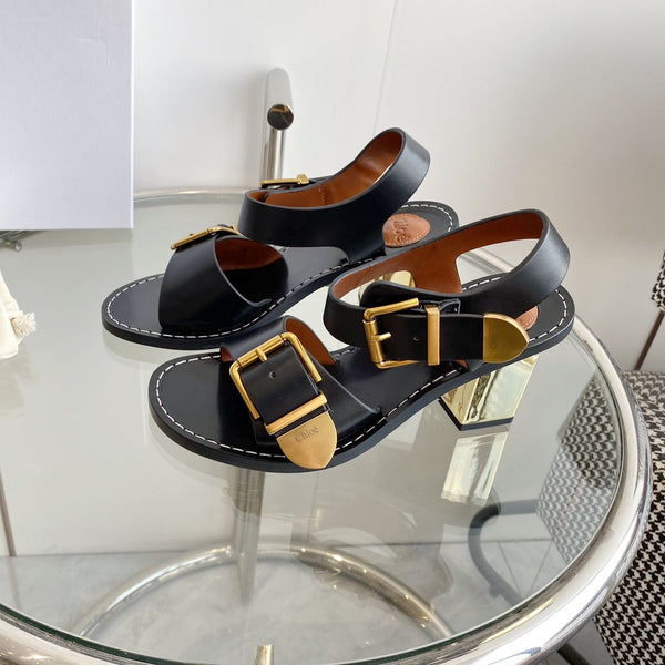 CHLOÉ REBECCA LOW HEELED SANDAL IN BLACK LAMBSKIN GOLD HARDWARE