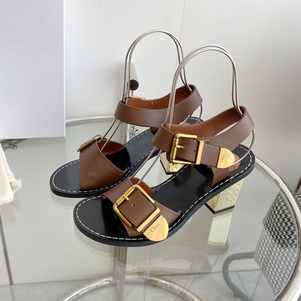 CHLOÉ REBECCA LOW HEELED SANDAL IN RUSSET BROWN LAMBSKIN GOLD HARDWARE