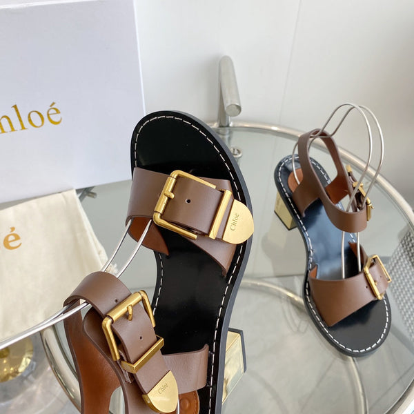 CHLOÉ REBECCA LOW HEELED SANDAL IN RUSSET BROWN LAMBSKIN GOLD HARDWARE