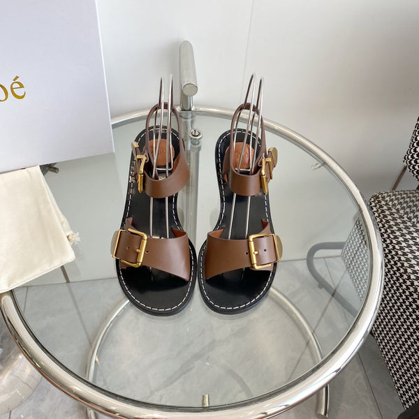 CHLOÉ REBECCA LOW HEELED SANDAL IN RUSSET BROWN LAMBSKIN GOLD HARDWARE