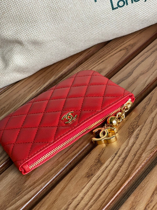 cc zipped wallet 14cm red caviar gold hardware