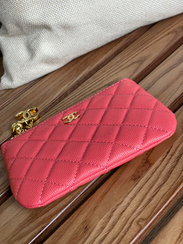 cc zipped wallet 14cm light red caviar gold hardware