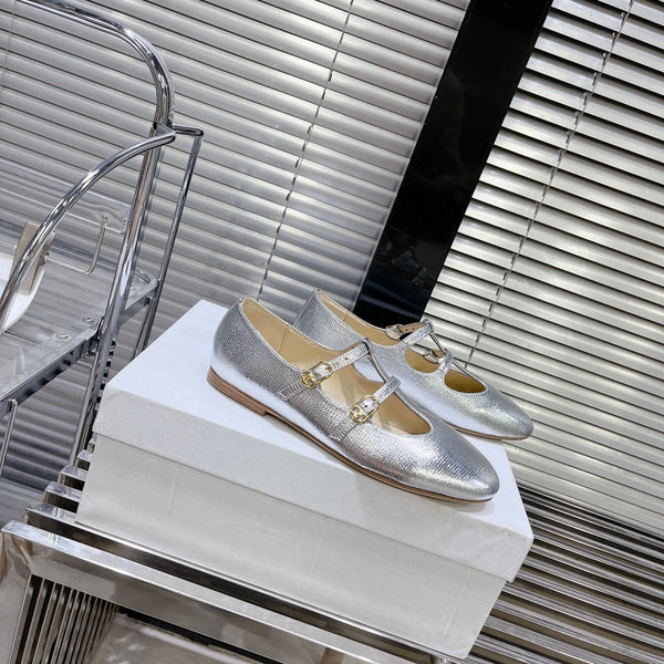 FLAT SANDALS WITH DOUBLE STRAP-DESIGN LEATHER SILVER