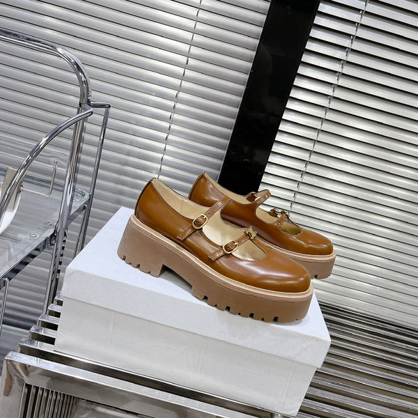 HIGH FLAT SANDALS WITH DOUBLE STRAP-DESIGN LEATHER CARAMEL BROWN