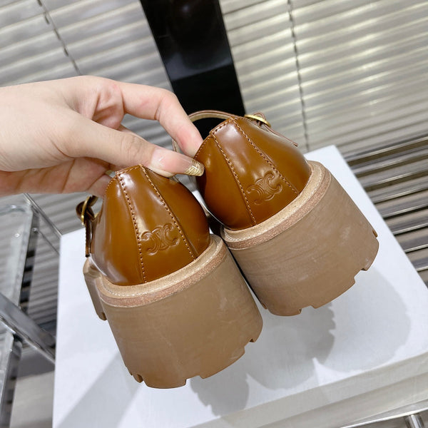 HIGH FLAT SANDALS WITH DOUBLE STRAP-DESIGN LEATHER CARAMEL BROWN