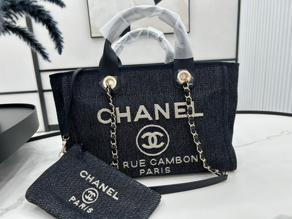 Borsa CC Deauville in tweed 33x26x15,5 cm in pelle nera con finiture dorate 26