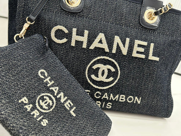 Borsa CC Deauville in tweed 33x26x15,5 cm in pelle nera con finiture dorate 26