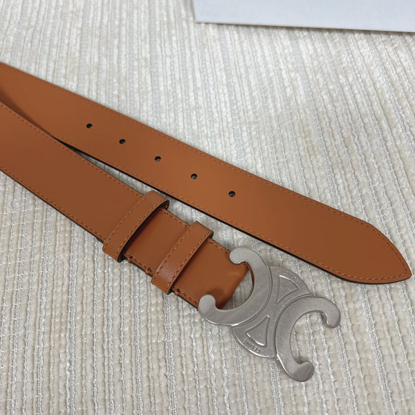 Medium Triomphe Belt 25mm Tan Calfskin Silver Finishing