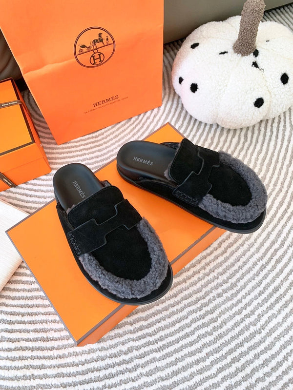 HM Go Mule Nero Mix Grigio Nero Scamosciato Foderato con Pile di Lana 963221