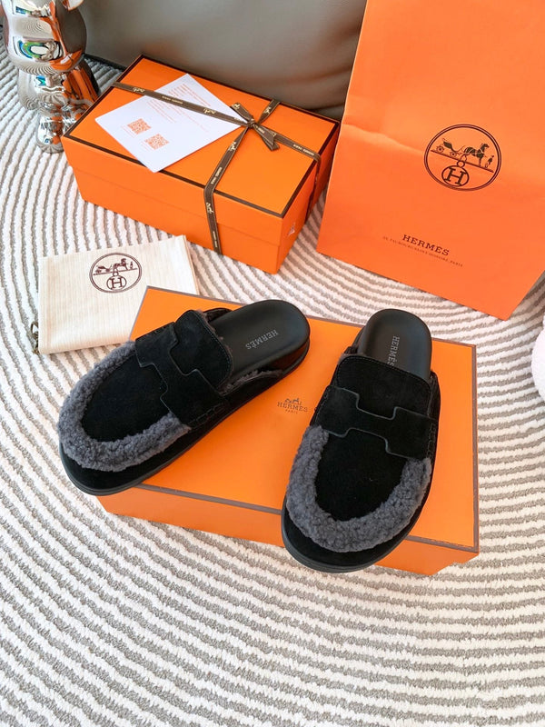 HM Go Mule Nero Mix Grigio Nero Scamosciato Foderato con Pile di Lana 963221