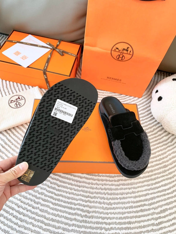 HM Go Mule Nero Mix Grigio Nero Scamosciato Foderato con Pile di Lana 963221