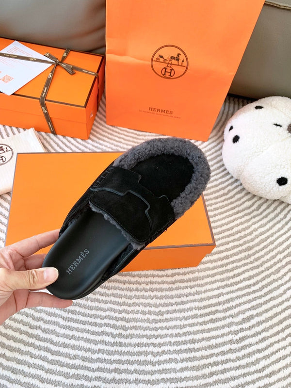 HM Go Mule Nero Mix Grigio Nero Scamosciato Foderato con Pile di Lana 963221