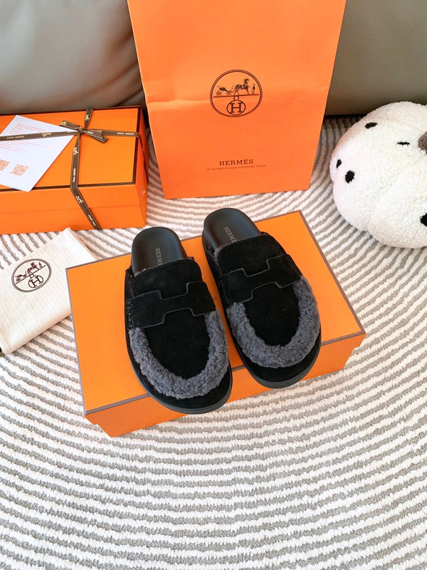 HM Go Mule Nero Mix Grigio Nero Scamosciato Foderato con Pile di Lana 963221