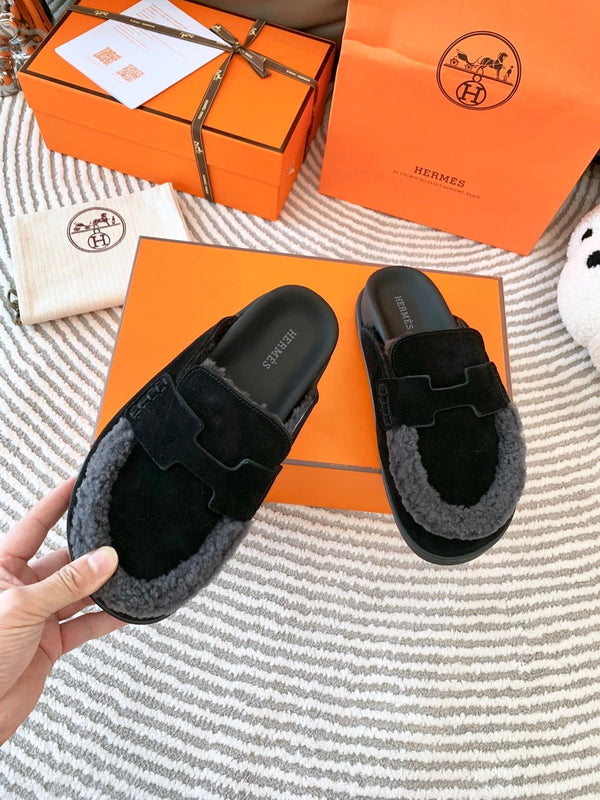 HM Go Mule Nero Mix Grigio Nero Scamosciato Foderato con Pile di Lana 963221