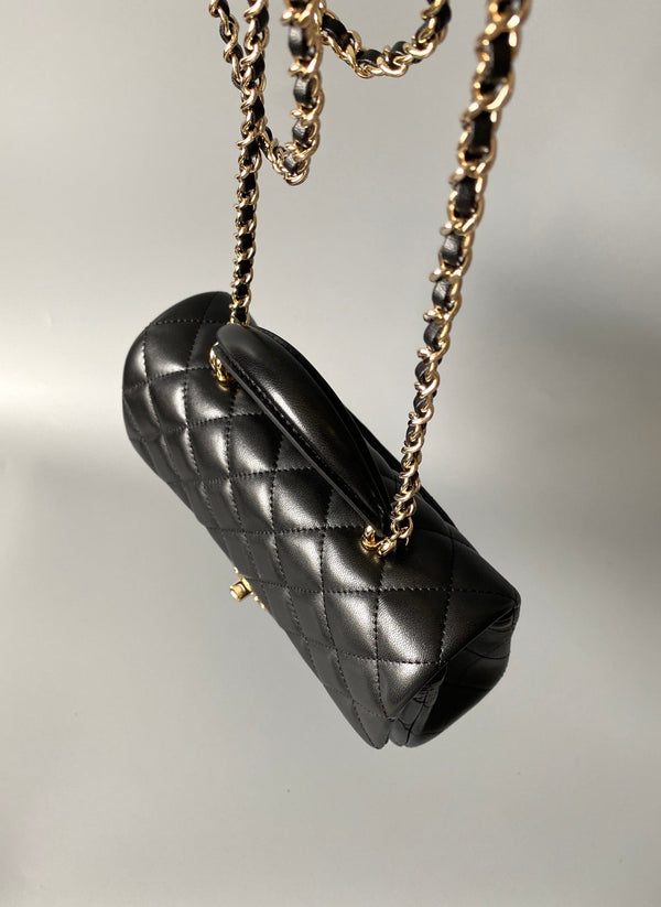 mini flap bag top handle 20cm black lambskin gold hardware