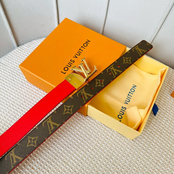 LV Initiales 30mm Reversible Belt Gold Rotating Buckle Red Brown Leather