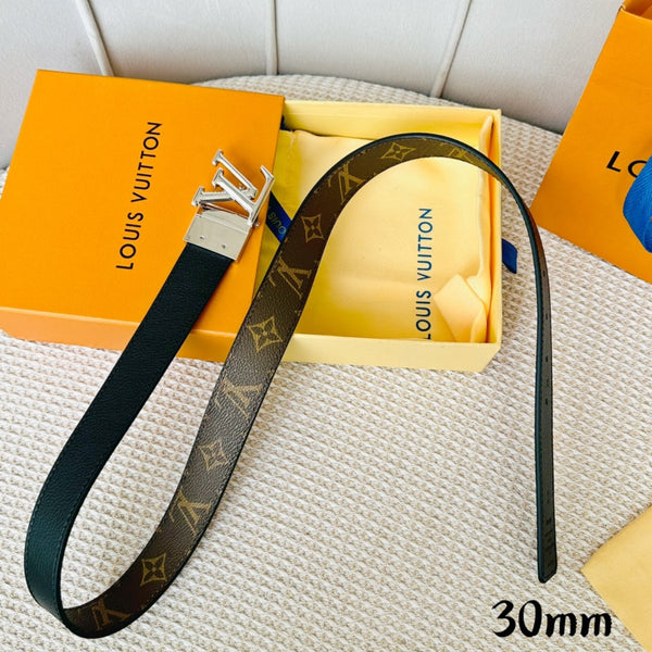 LV Initiales 30mm Reversible Belt Silver Rotating Buckle Black Brown Leather