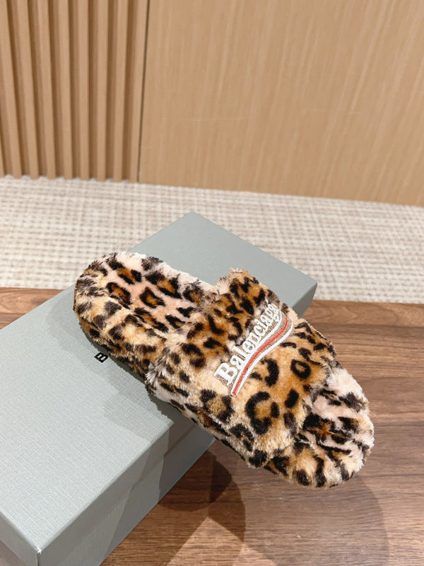 FURRY SLIDES IN LEOPARD PRINT RABBIT FUR