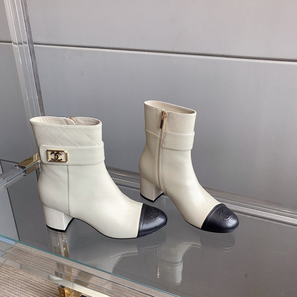 CC Square Toe Ankle Boots 70mm White Black Cowhide 464566