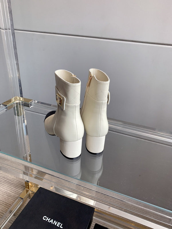 CC Square Toe Ankle Boots 70mm White Black Cowhide 464566