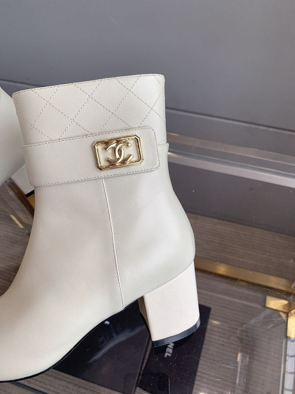 CC Square Toe Ankle Boots 70mm White Black Cowhide 464566