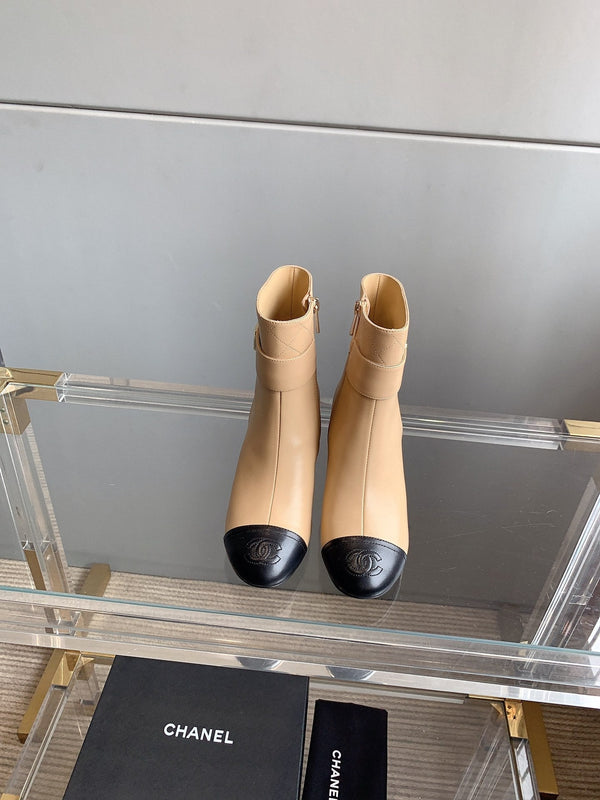 CC Square Toe Ankle Boots 70mm Beige Black Cowhide 464565