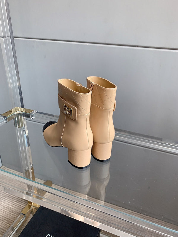 CC Square Toe Ankle Boots 70mm Beige Black Cowhide 464565