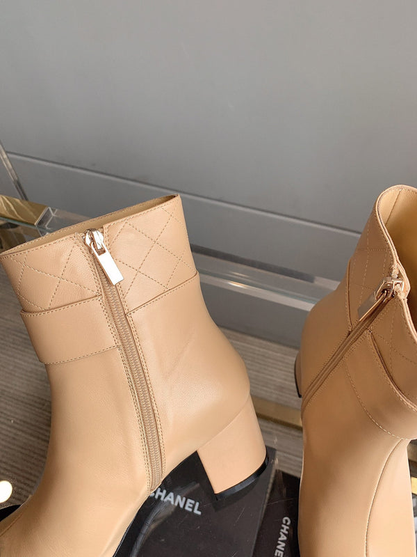 CC Square Toe Ankle Boots 70mm Beige Black Cowhide 464565