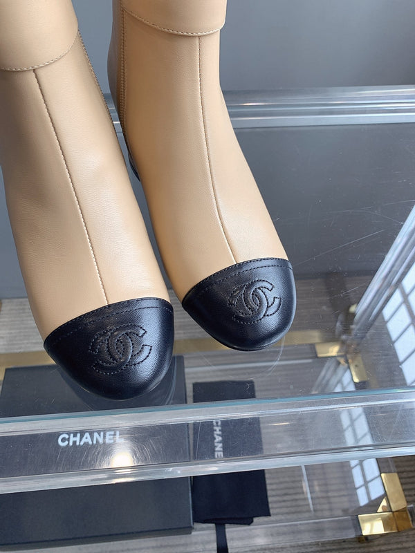 CC Square Toe Ankle Boots 70mm Beige Black Cowhide 464565