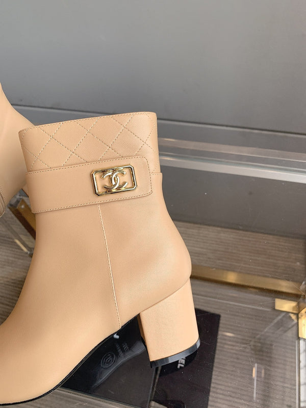 CC Square Toe Ankle Boots 70mm Beige Black Cowhide 464565