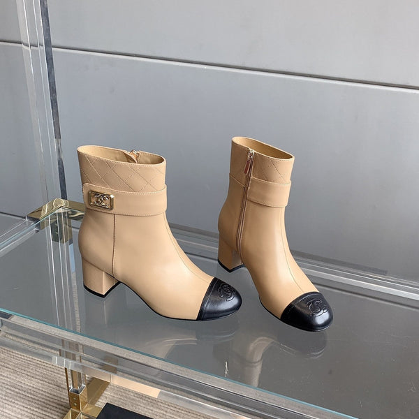 CC Square Toe Ankle Boots 70mm Beige Black Cowhide 464565