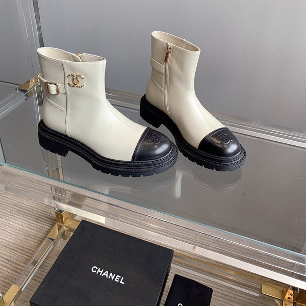 CC Cap Toe Ankle Boots Black White Cowhide 464572