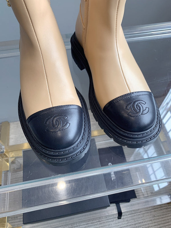 CC Cap Toe Ankle Boots Black Beige Cowhide 464571