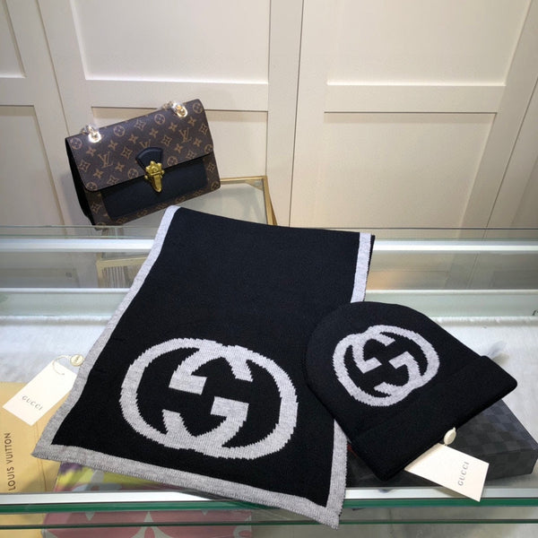 SET CAPPELLO E SCIARPA IN CASHMERE MIX NERO GRIGIO CHIARO 946329