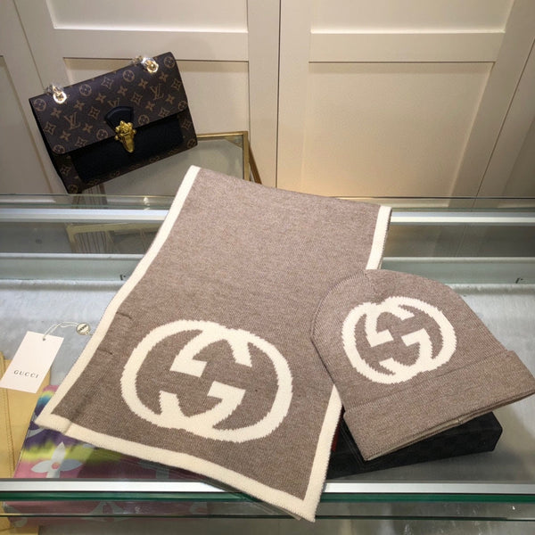 SET CAPPELLO E SCIARPA IN CASHMERE BIANCO MISTO MARRONE CAMMELLO 946329