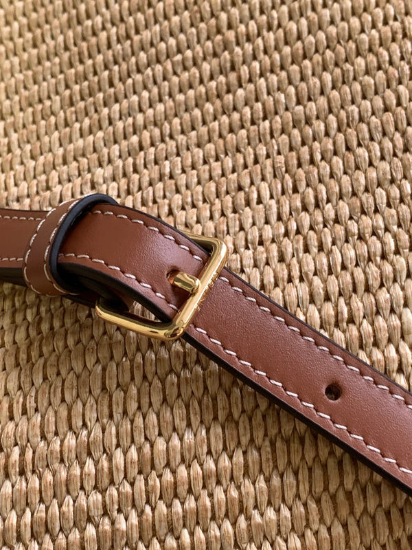 SMALL BUCKET CUIR TRIOMPHE 22CM IN STRIPED TEXTILE AND TAN CALFSKIN