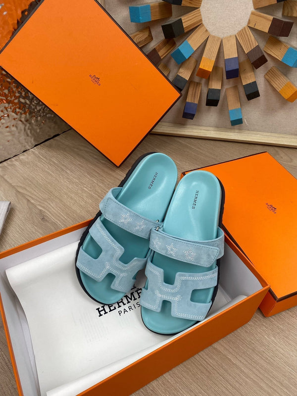 chypre sandal turquoise blue suede calfskin white thread embroidered